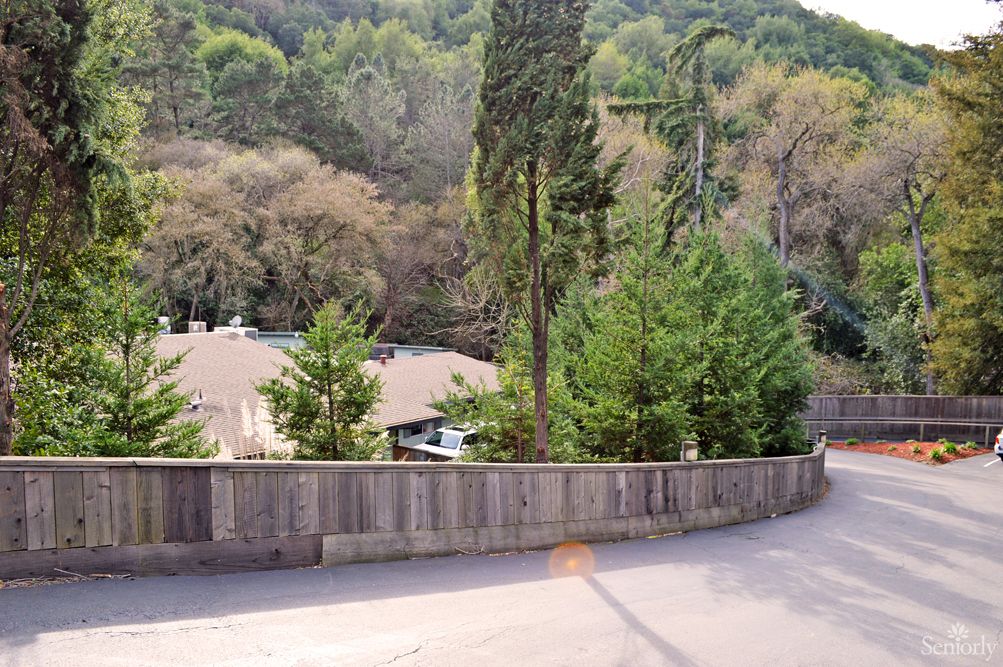 A suburban house surrounded by trees and a wooden fence, nestled in a forested area.