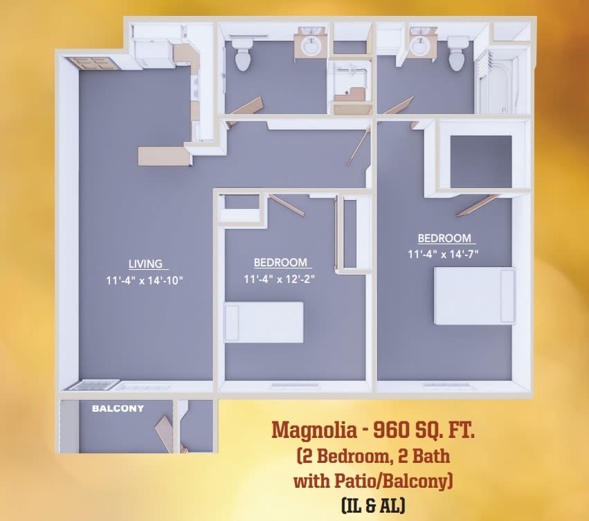 Floor plan of the Magnolia apartment featuring 980 square feet with 2 bedrooms, 2 bathrooms, and a patio/balcony.