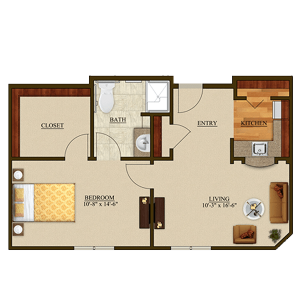 A detailed floor plan of a two-bedroom apartment featuring a living area, kitchen, and bathroom.