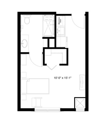 A floor plan of a studio apartment with separate bathroom and kitchen areas.