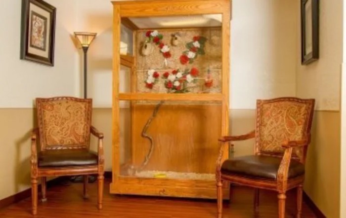 A wooden display case with floral decorations surrounded by two chairs and a floor lamp.