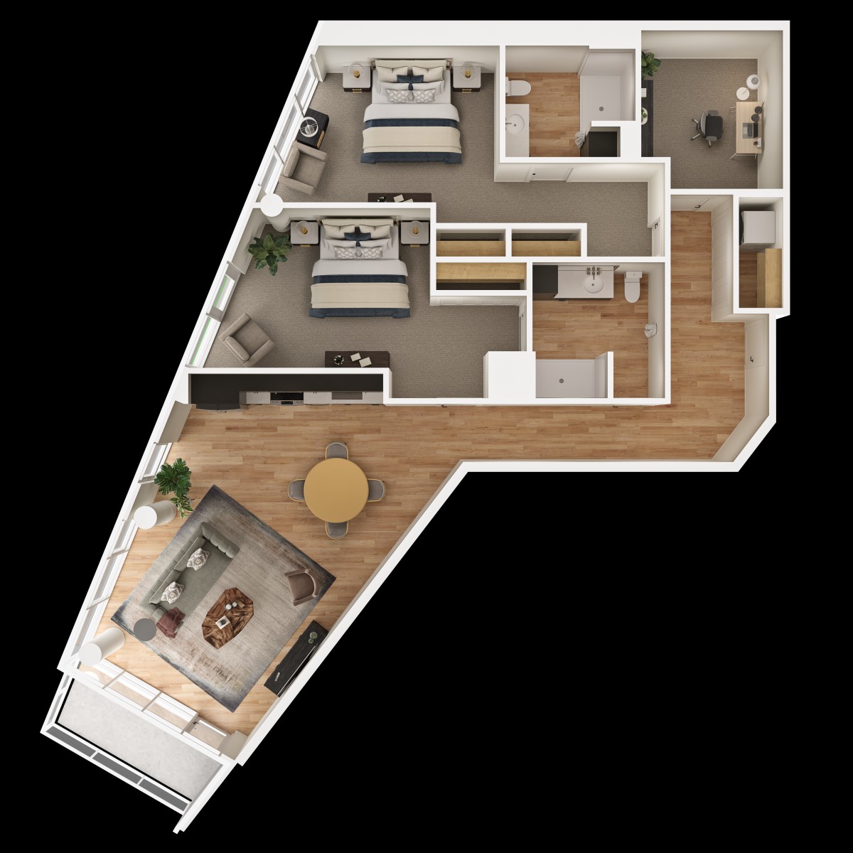 3D floor plan of a modern apartment showcasing bedrooms, living area, and kitchen.