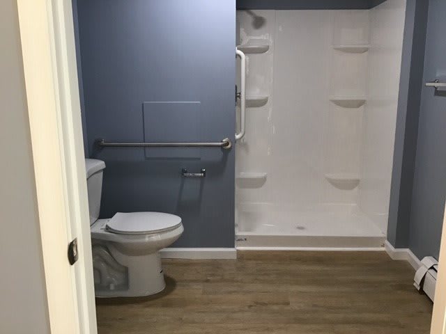 A modern, accessible bathroom with a shower and toilet.