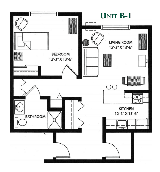 Floor plan of Unit B-1, showing the layout of the living room, bedroom, kitchen, and bathroom.