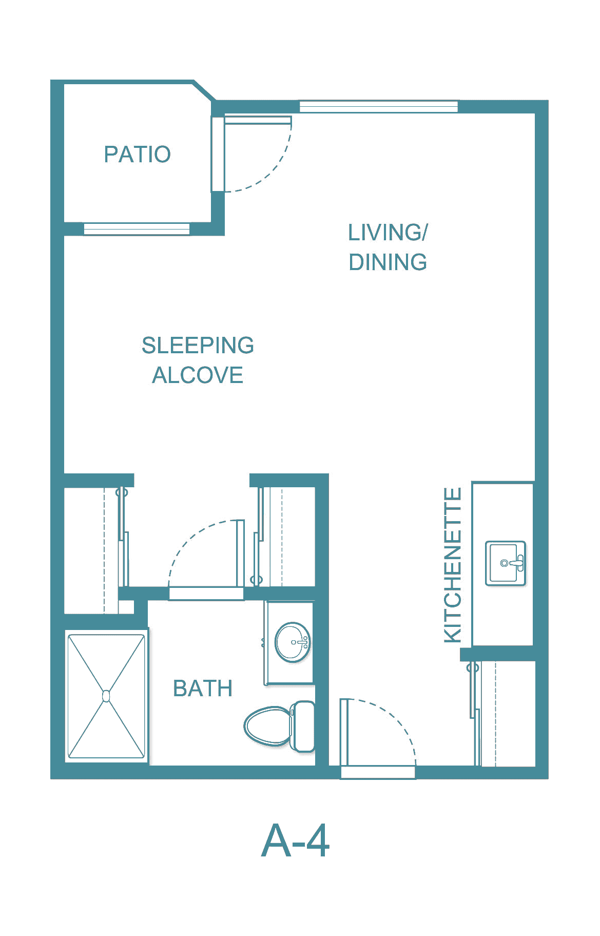 Floor plan of a studio apartment with a kitchenette, sleeping alcove, bath, and living/dining area.