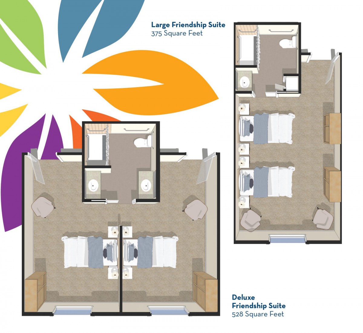 Floor plans for large and medium friendship suites, showcasing furniture arrangements.