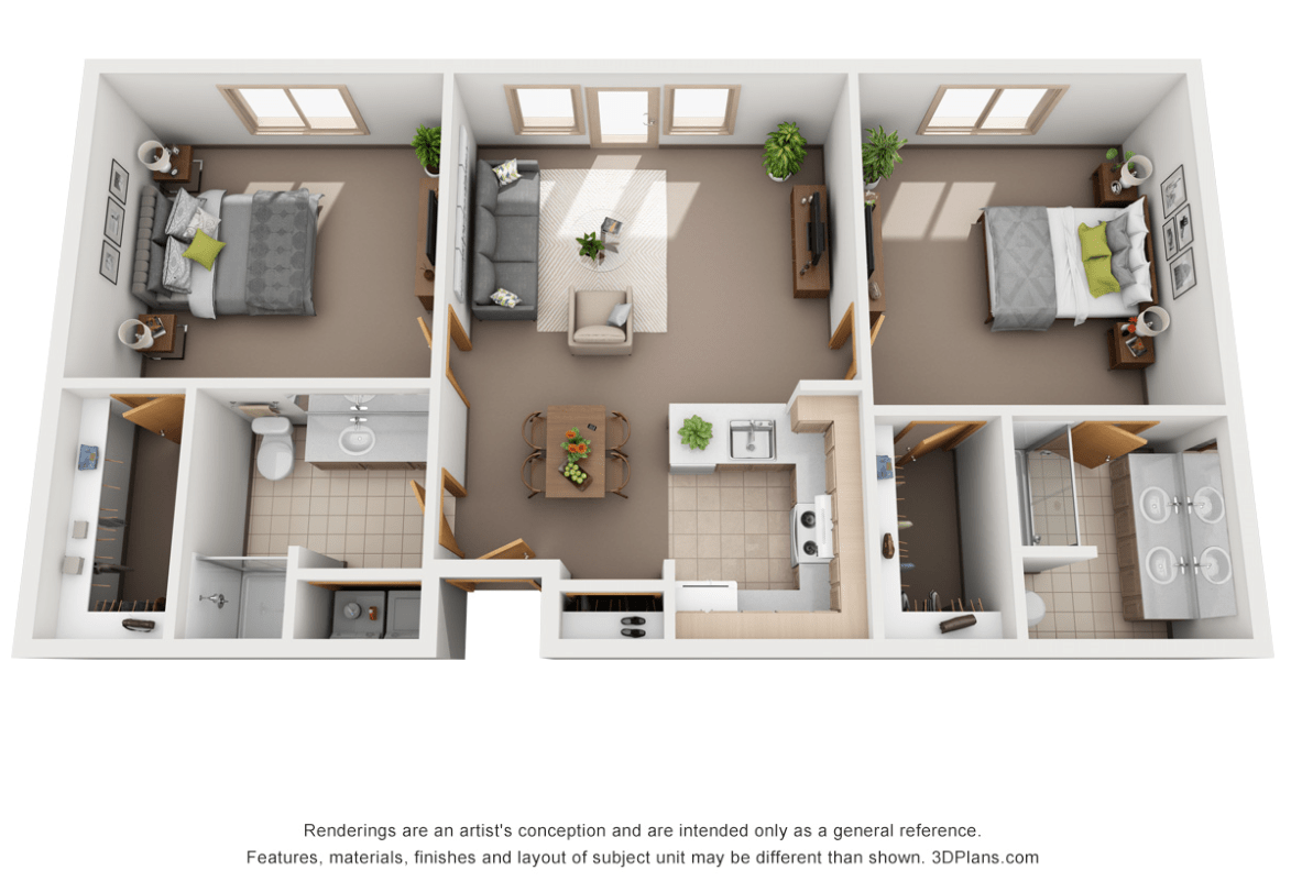 A 3D rendered floor plan showcasing a two-bedroom apartment with a kitchen, living room, and bathroom.