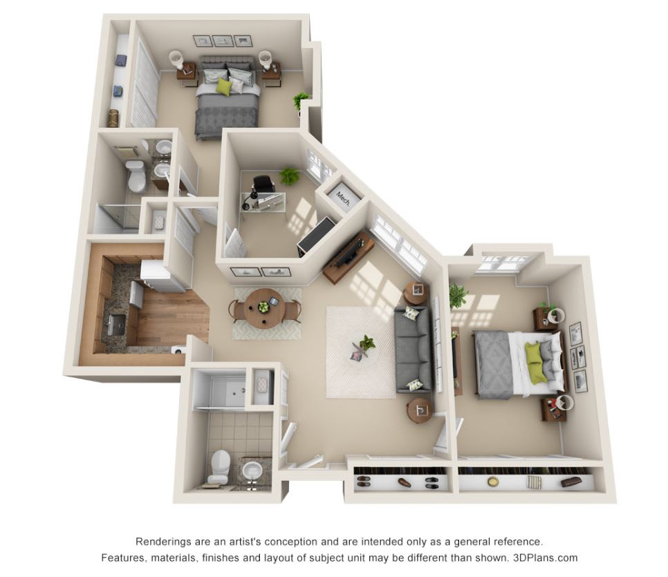 A 3D floor plan rendering of an apartment, showcasing two bedrooms, a living room, kitchen, and bathrooms.