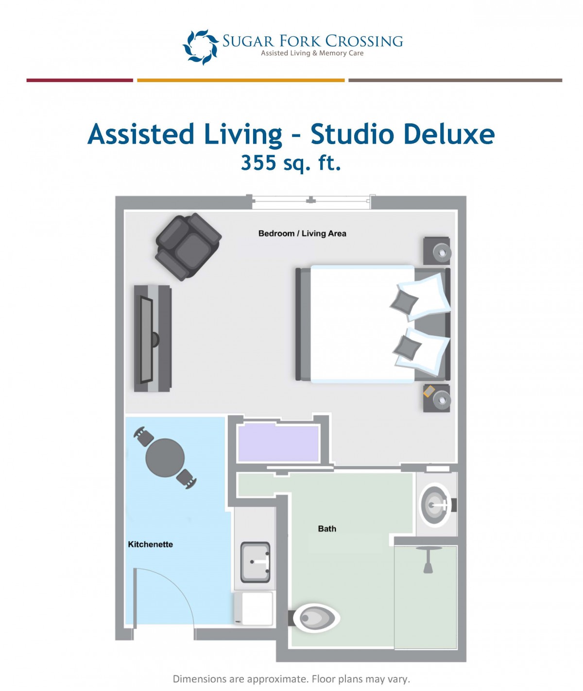 A floor plan of an Assisted Living Studio Deluxe, featuring a 355 sq. ft. layout with living area, bedroom, kitchenette, and bathroom.