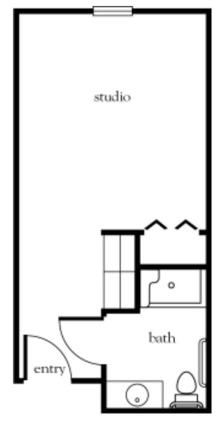 A simple architectural floor plan showing the layout of a room with fixtures.