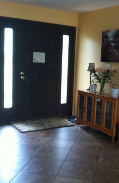 A cozy entryway with a dark wooden door, a small cabinet adorned with a lamp and flowers.