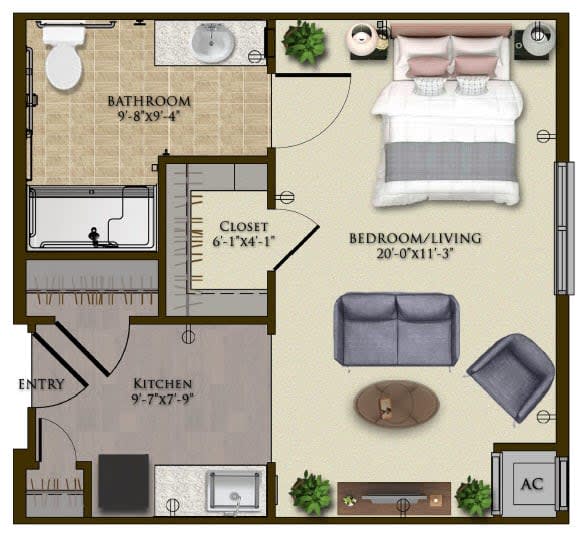 A detailed floor plan of a one-bedroom apartment featuring a living room, kitchen, and bathroom.