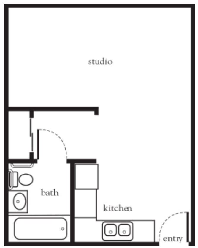 Floor plan of a studio apartment with a kitchen and bath.