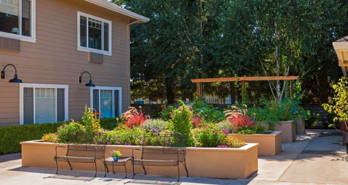 A serene garden with colorful flowers, benches, and a nearby building under a sunny sky.