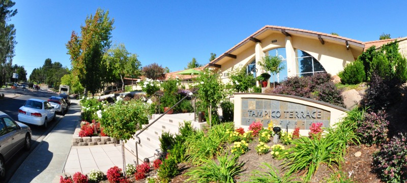 A modern building entrance surrounded by well-maintained gardens and plants.