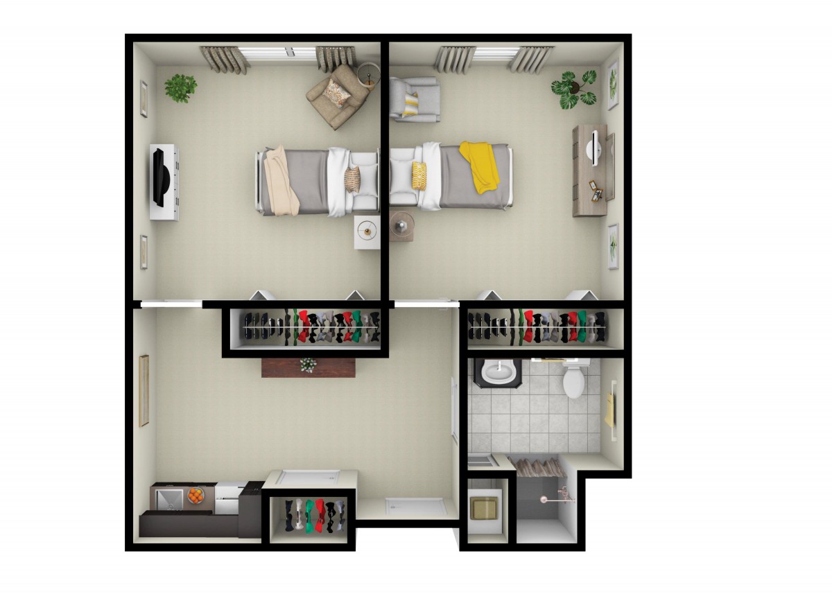 A detailed floor plan of a small apartment featuring two bedrooms, a bathroom, and a living area.