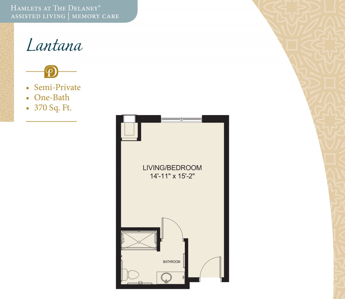 Floor plan of a studio apartment named 'Lantana' with detailed room dimensions.