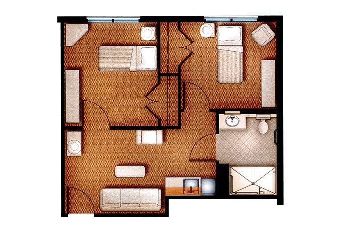 An overhead view of a two-bedroom apartment floor plan with furniture placement.