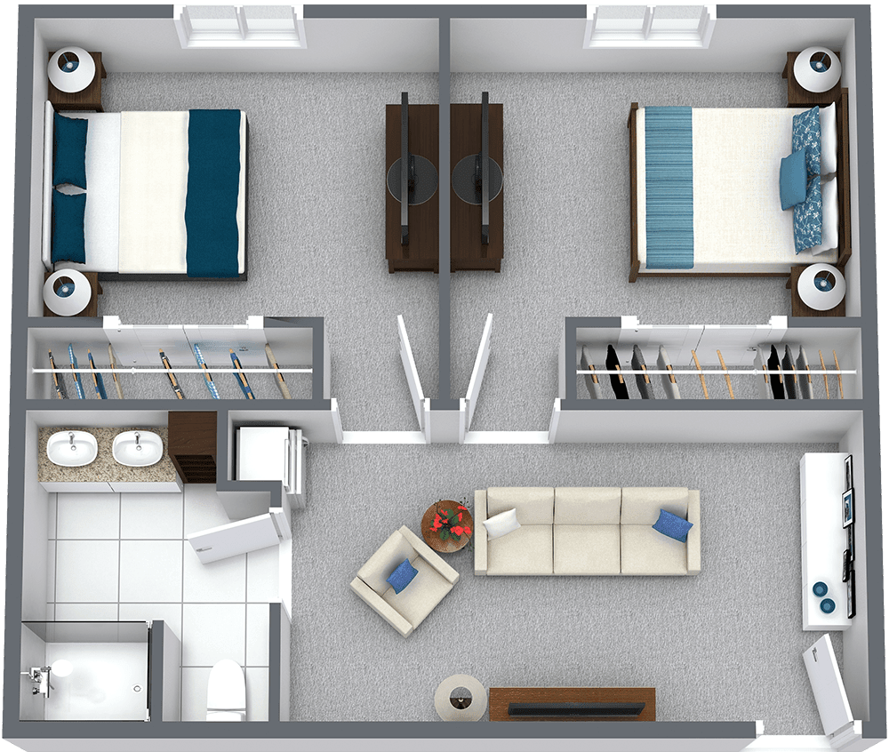 A detailed floor plan of an apartment featuring two bedrooms, a living area, and a kitchen.