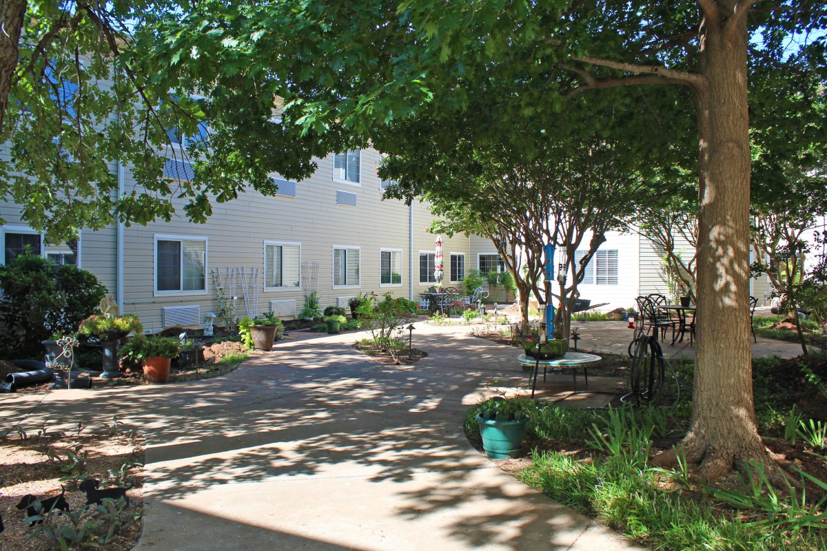 A tranquil courtyard garden with trees, benches, and a paved walkway.