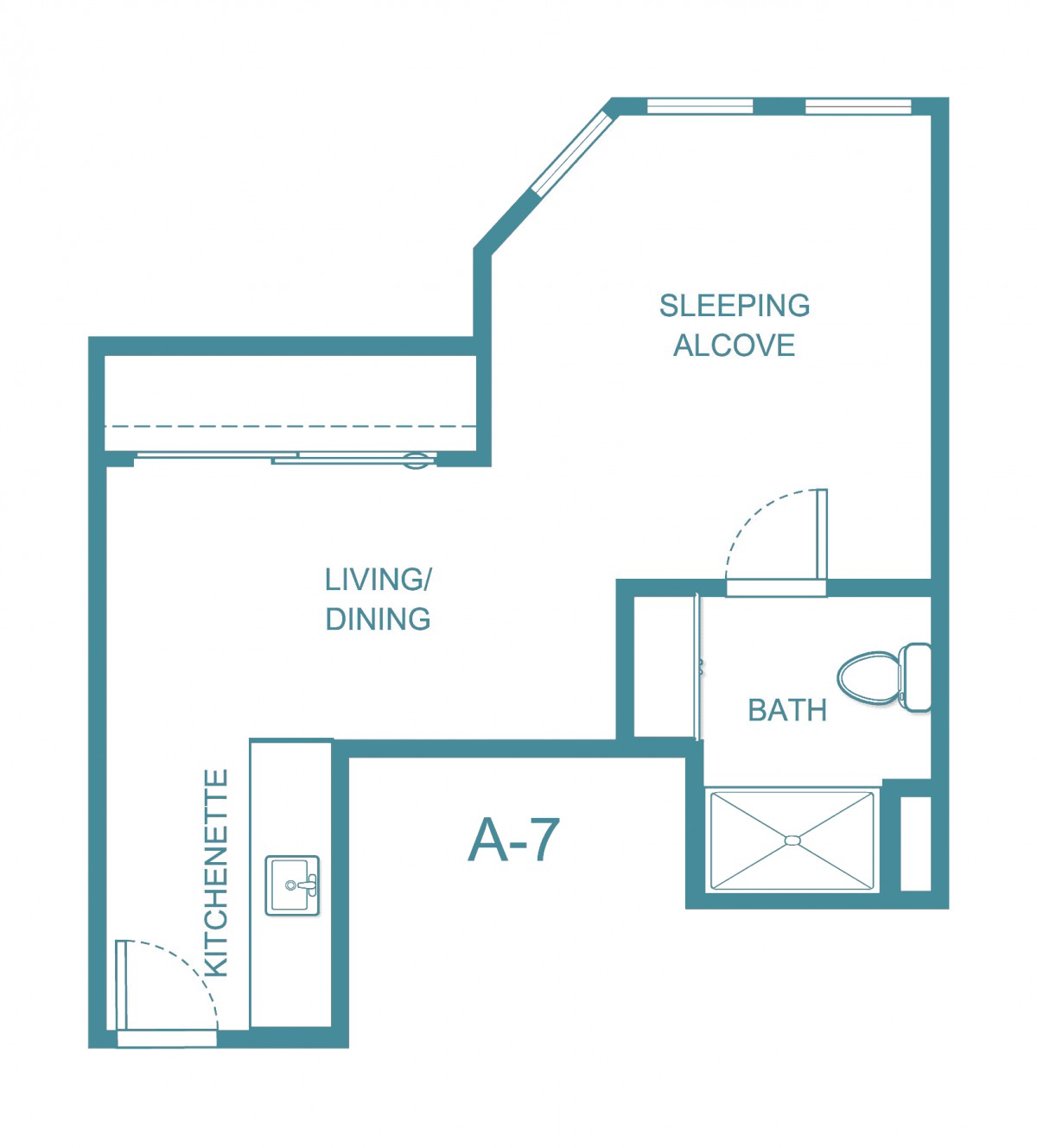 Studio apartment floor plan with designated areas for sleeping, dining, and bath.