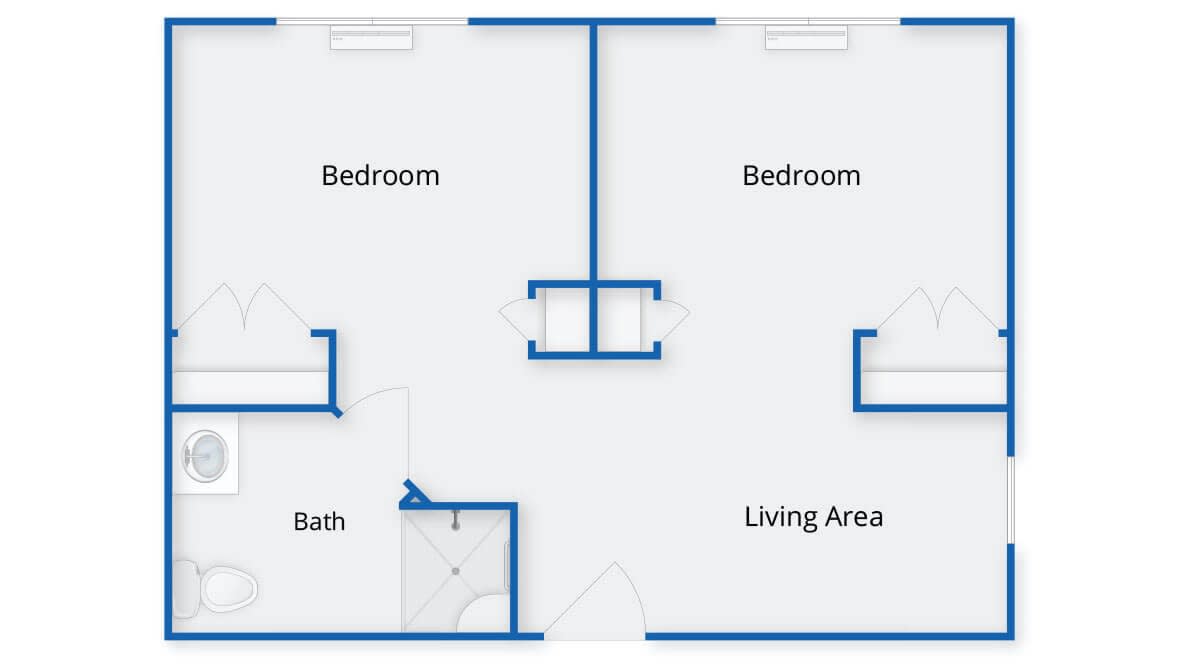 A simple floor plan layout with two bedrooms, a bathroom, and a living area.