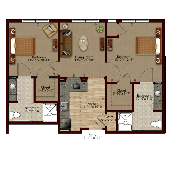 A detailed floor plan depicting the layout of an apartment with various rooms including bedrooms, bathrooms, and a living area.