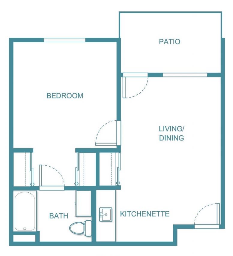 A floor plan layout of a small apartment with a bedroom, bath, kitchenette, and living/dining area leading to a patio.