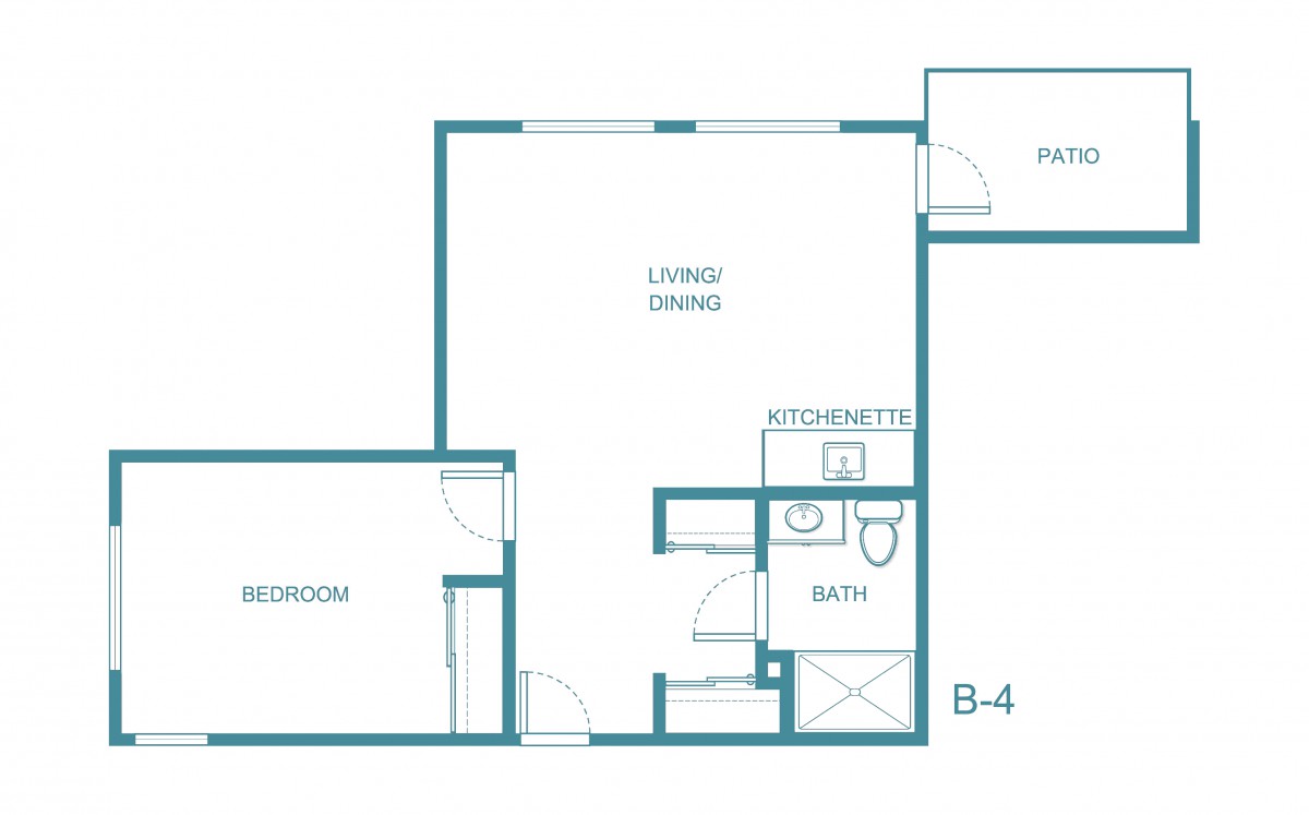A simple floor plan showing a one-bedroom apartment with a living/dining area, kitchenette, and bathroom.