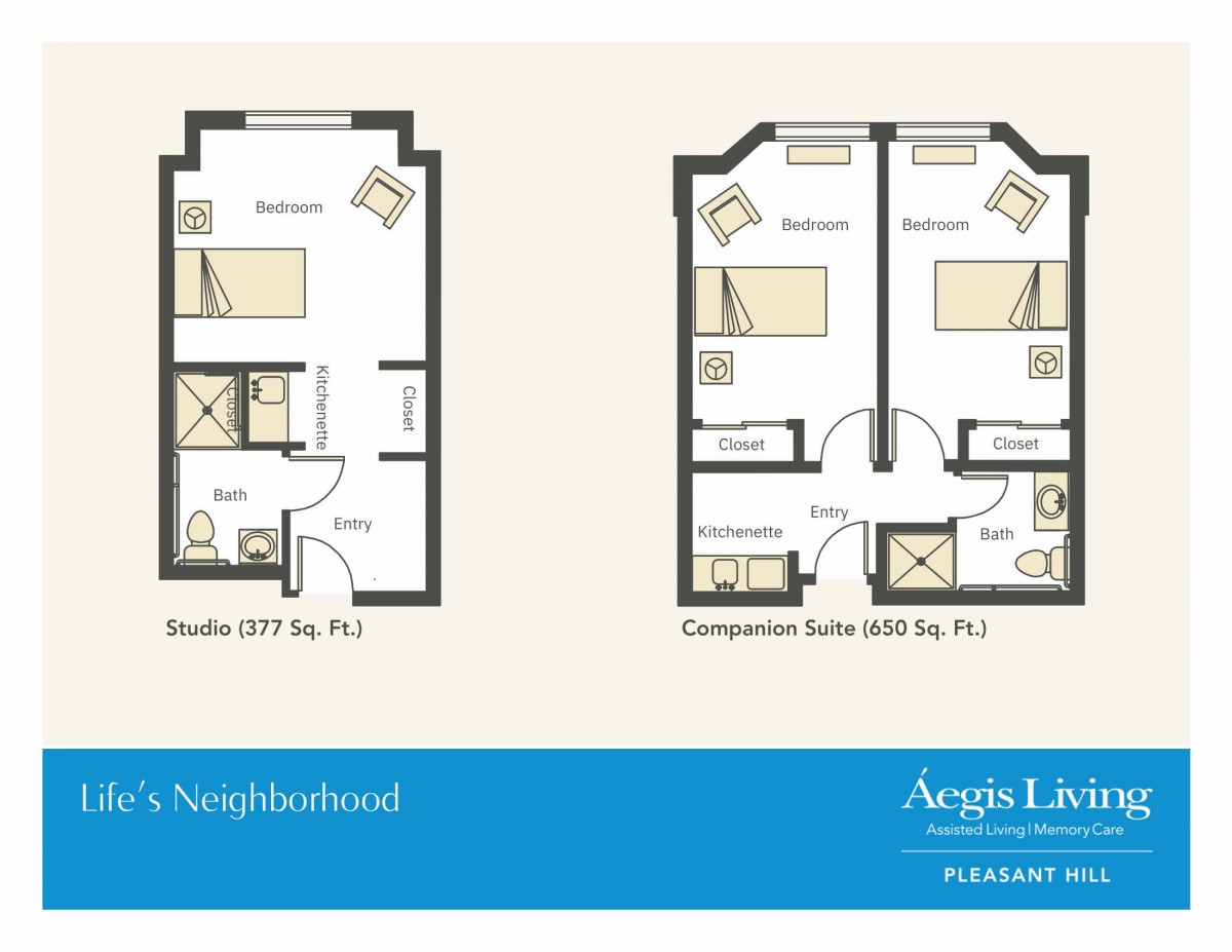 Floor plans of a studio and companion suite, detailing their layout and features.
