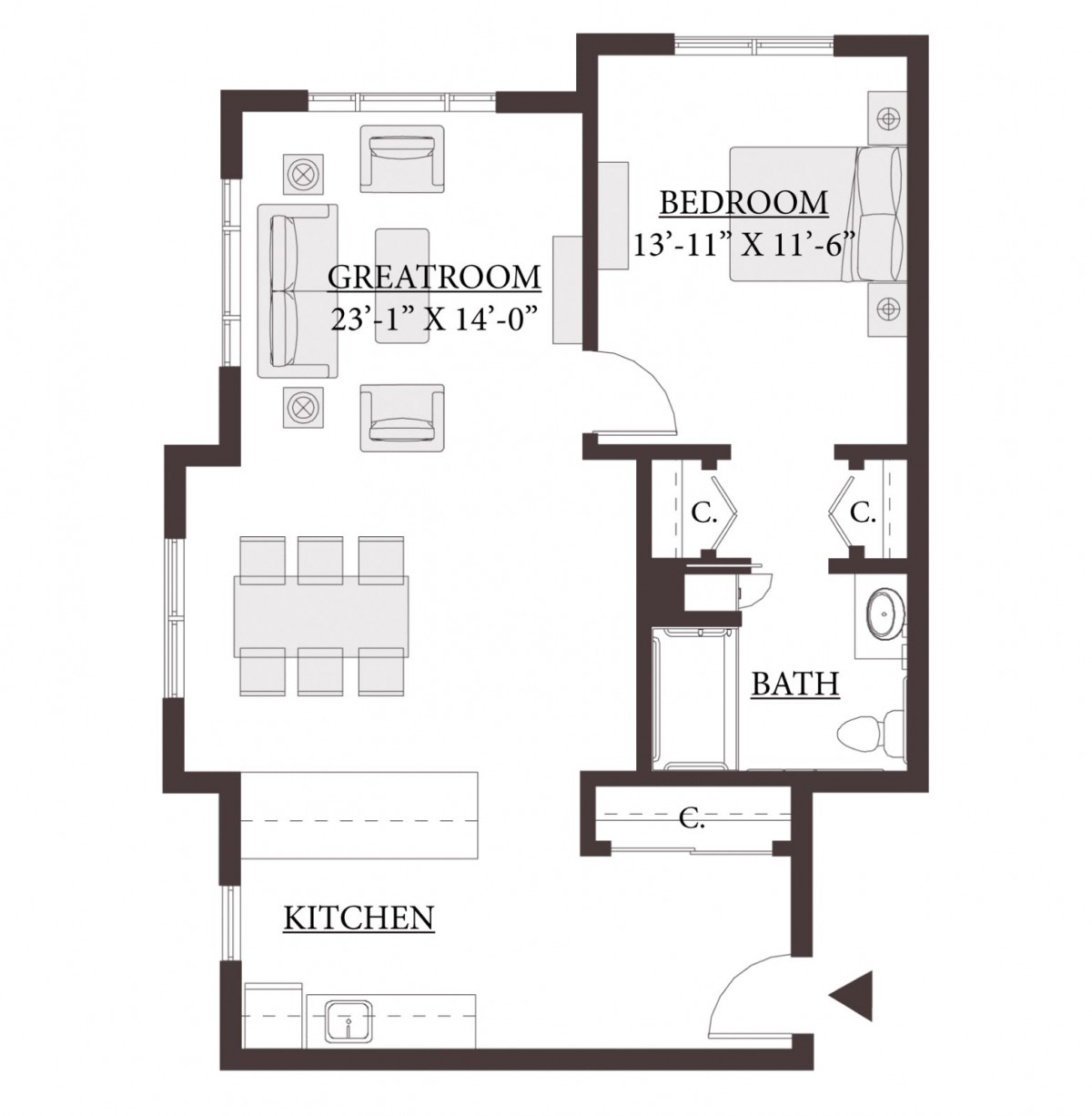 A floor plan of a one-bedroom apartment featuring a galley kitchen and living area.