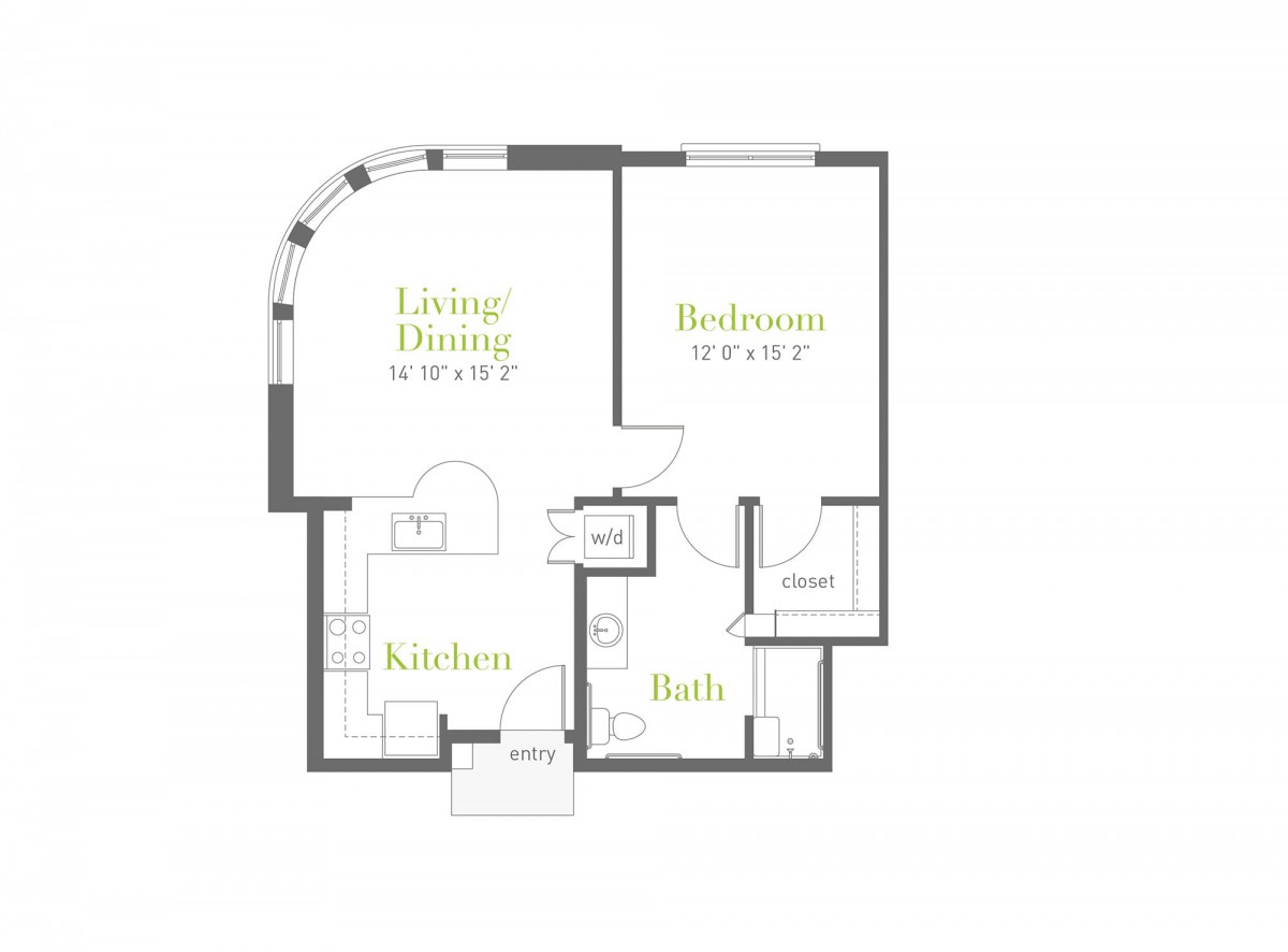 A floor plan of a one-bedroom apartment with labeled areas for living/dining, bedroom, kitchen, and bathroom.