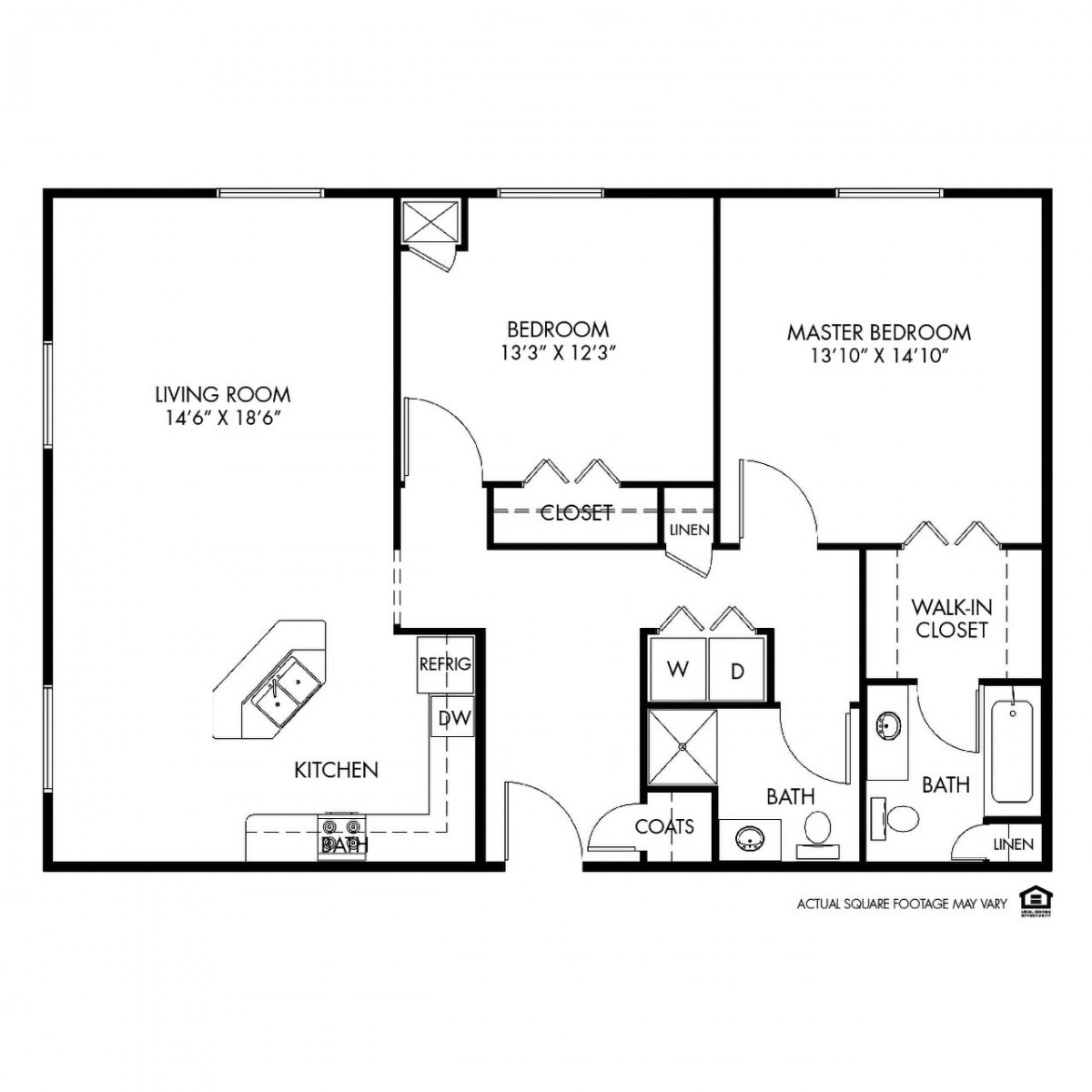 A floor plan of an apartment featuring a living room, kitchen, bedroom, bathroom, and walk-in closet.