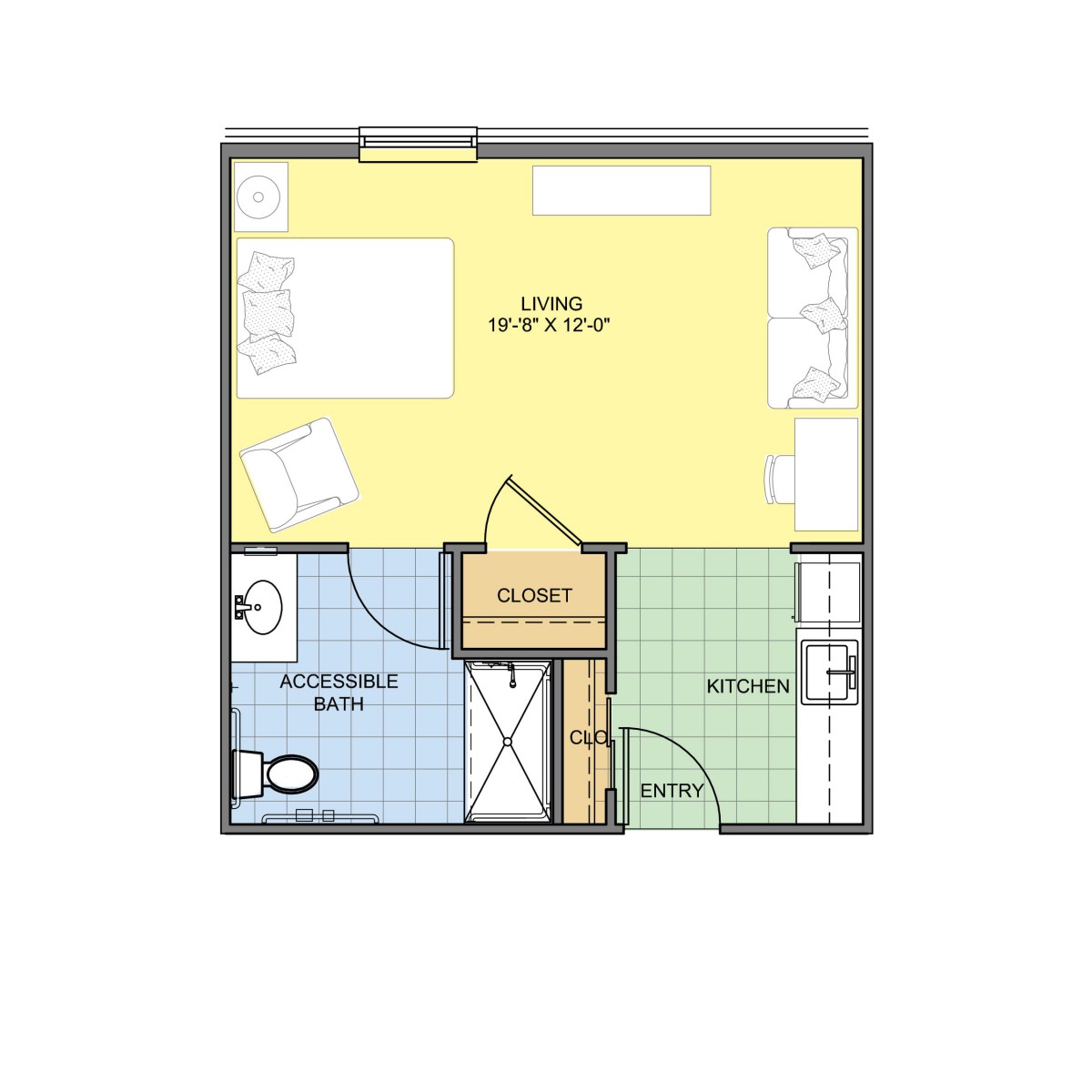 A floor plan layout of a small apartment unit with labeled living areas.