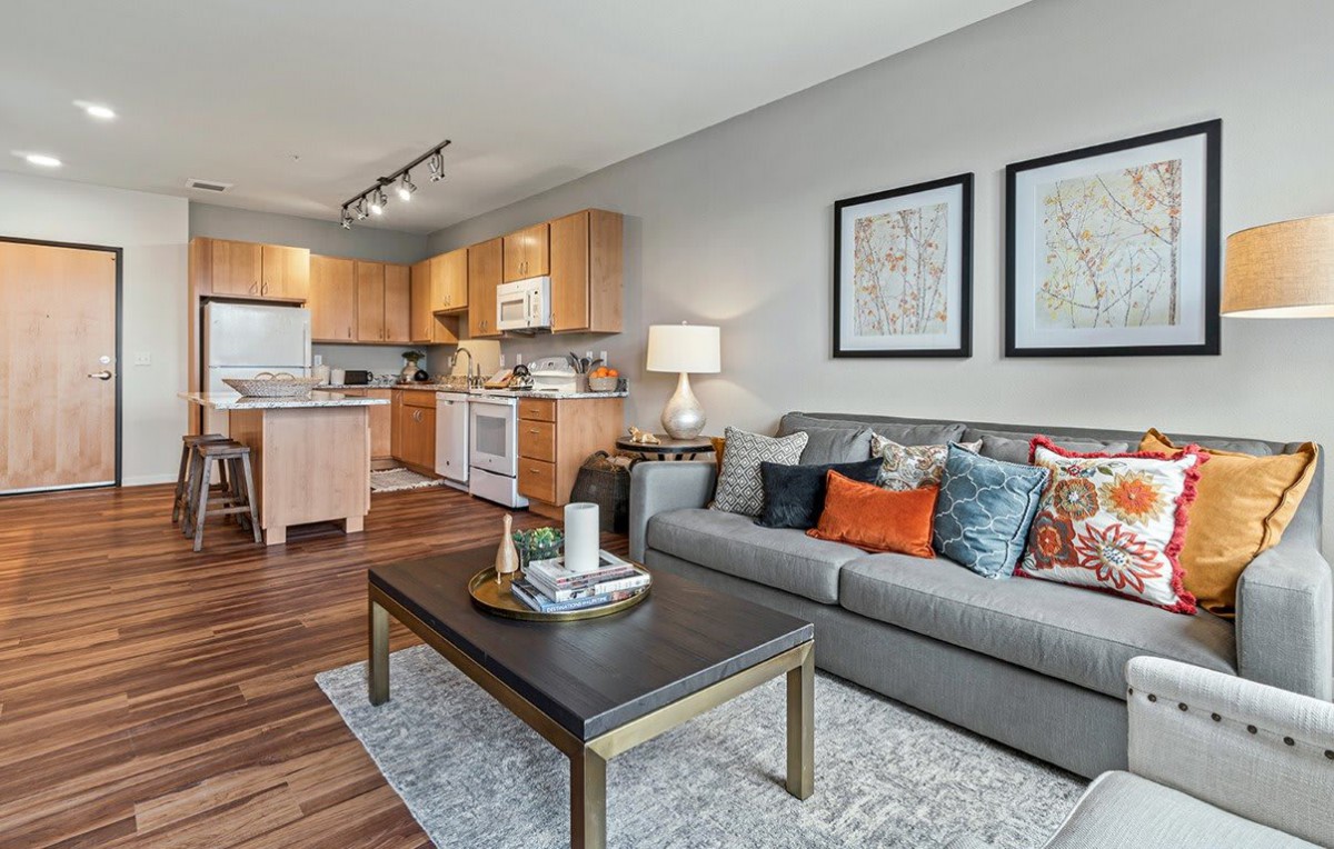 A modern open-concept living room and kitchen with stylish decor.