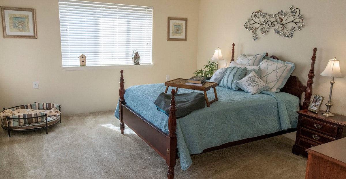 A cozy bedroom with a neatly made bed and natural light streaming through the window.