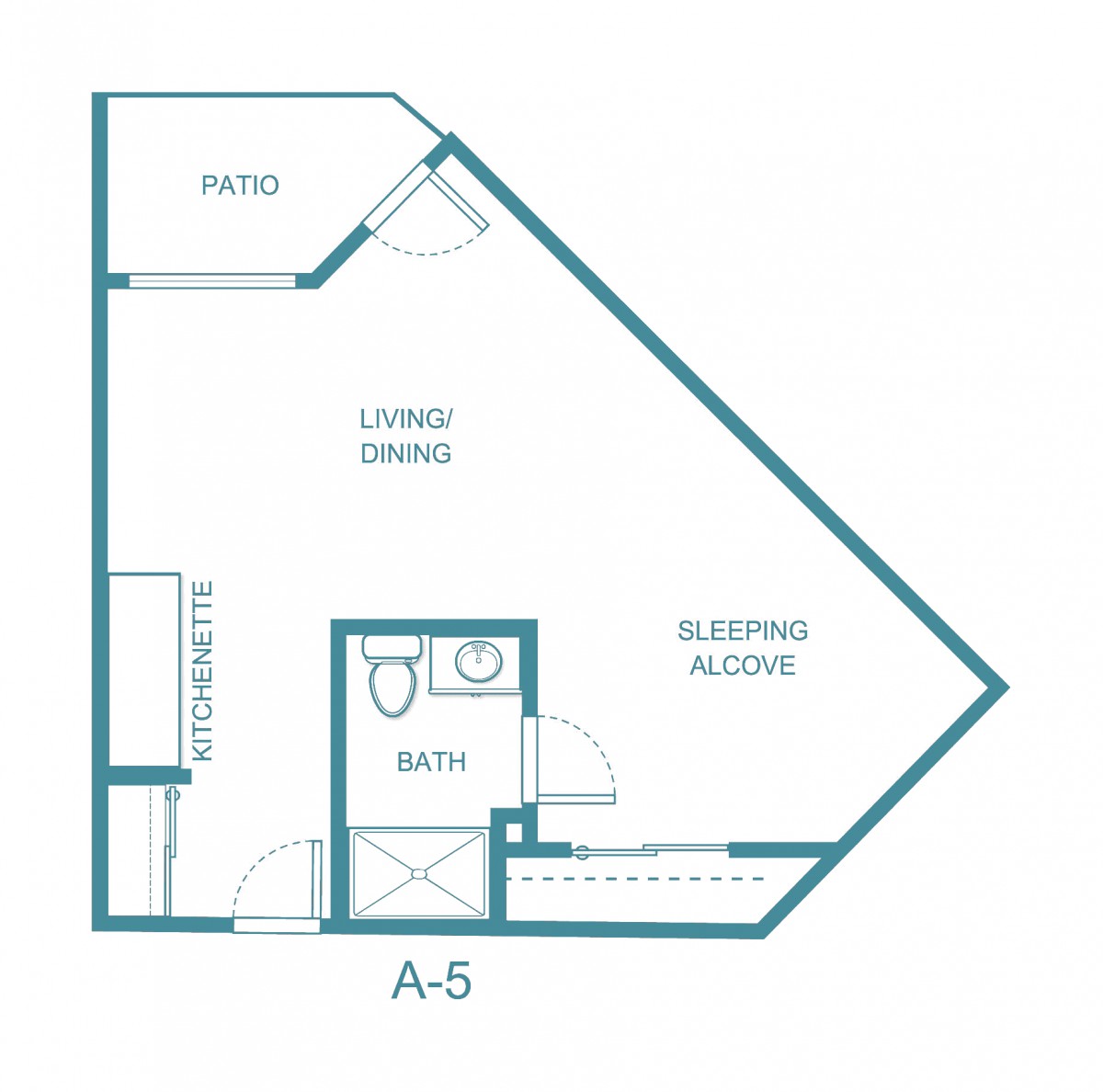 Floor plan of a studio apartment with designated living/dining area, sleeping alcove, kitchen, and bathroom.