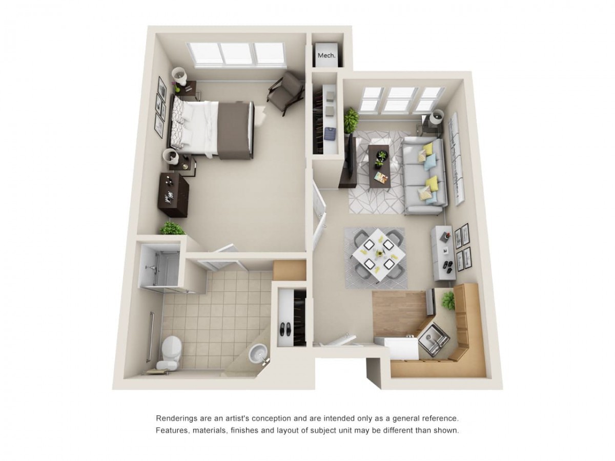 A 3D floor plan of a one-bedroom apartment showcasing an open-concept living and dining area, kitchen, bedroom, and bathroom.