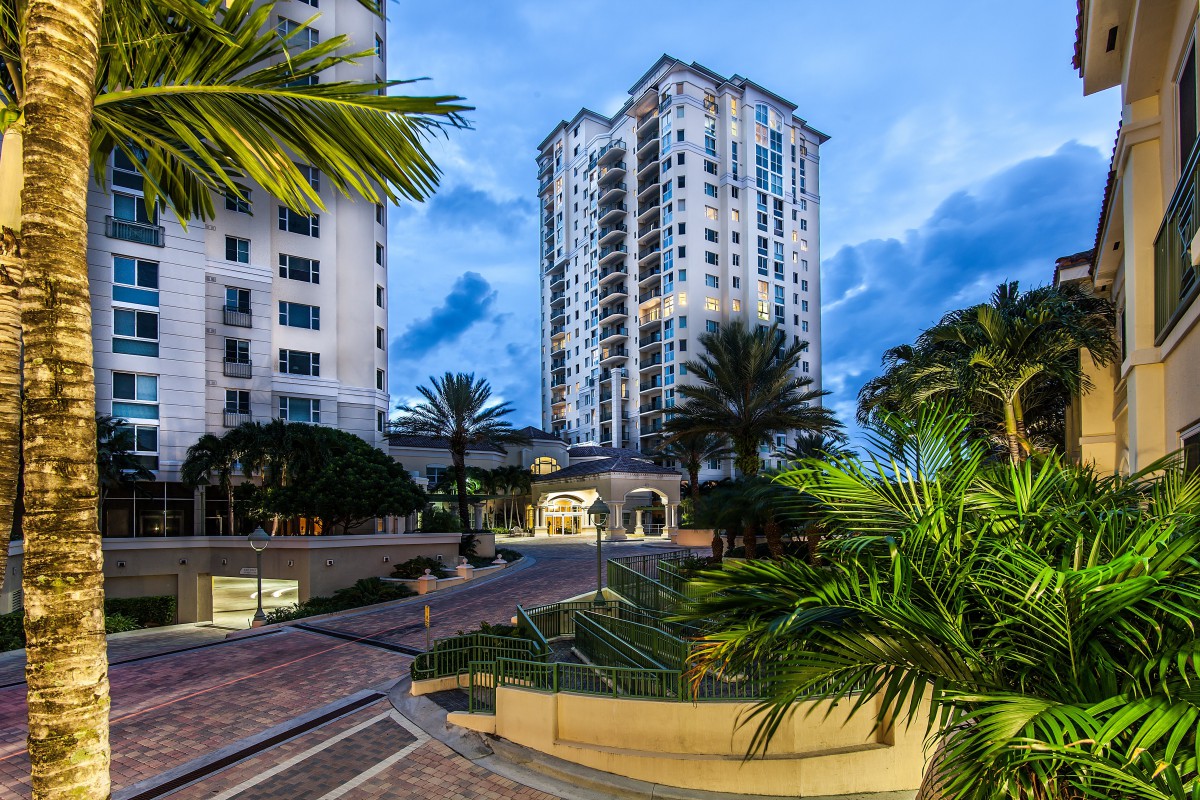 A view of modern skyscrapers surrounded by palm trees in an urban setting during the evening.