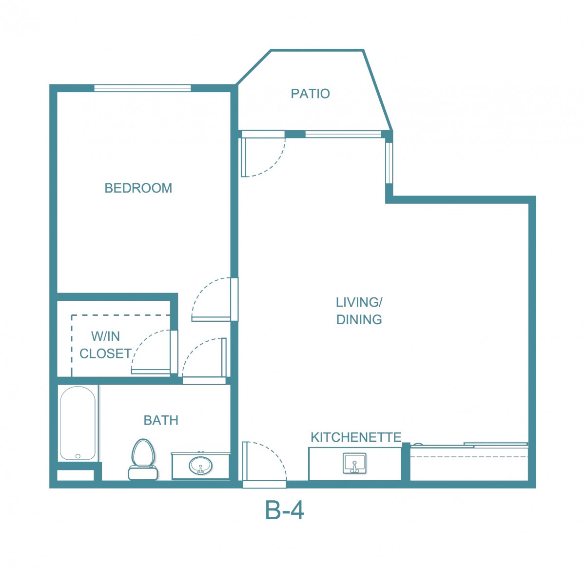 A blueprint of a one-bedroom apartment featuring a living/dining area, kitchenette, bathroom, and patio.