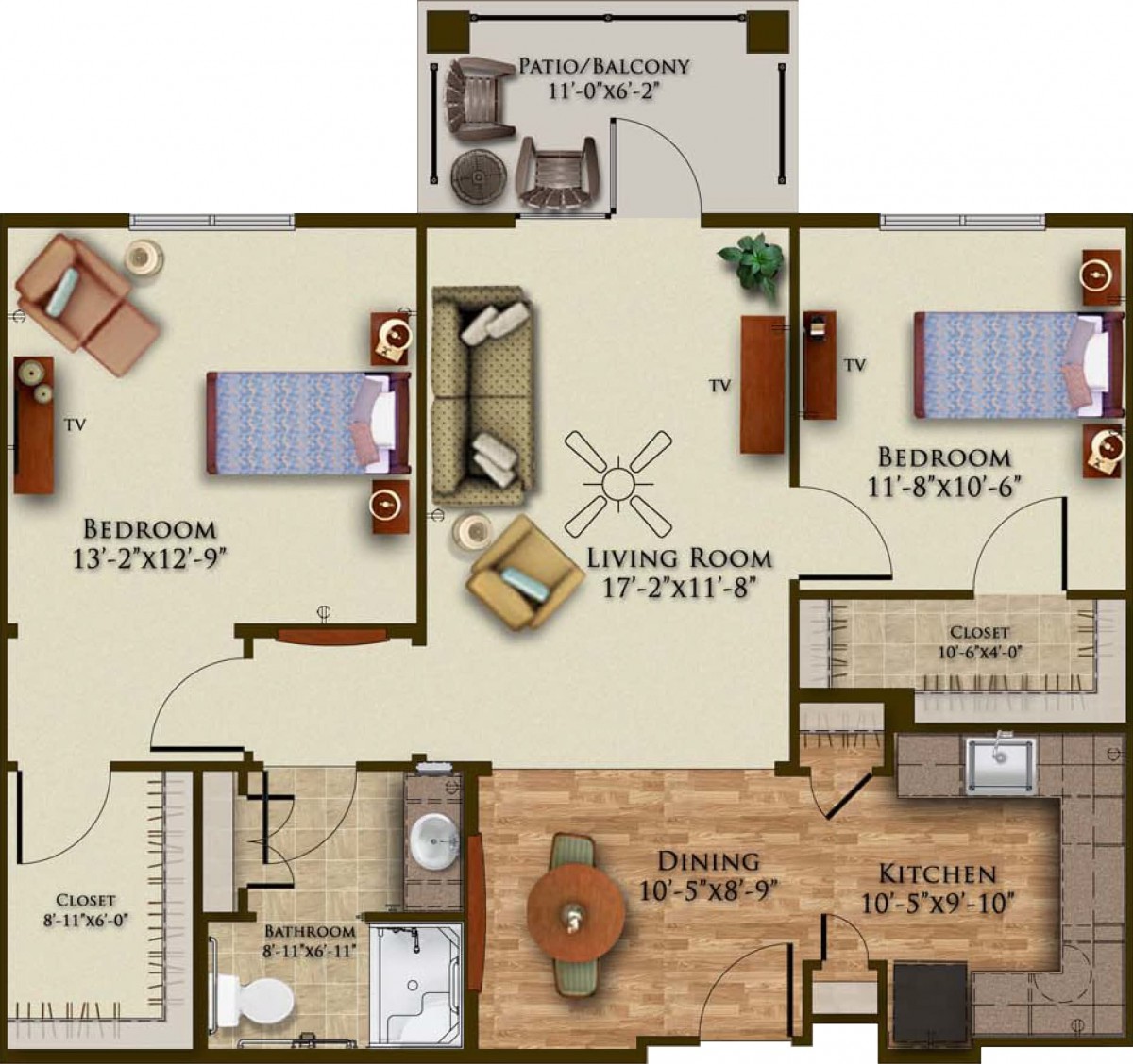 A detailed floor plan of a two-bedroom apartment featuring a living room, dining area, kitchen, and bathroom.