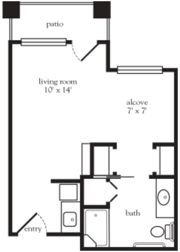 A floor plan of a small apartment with labeled living room and alcove.