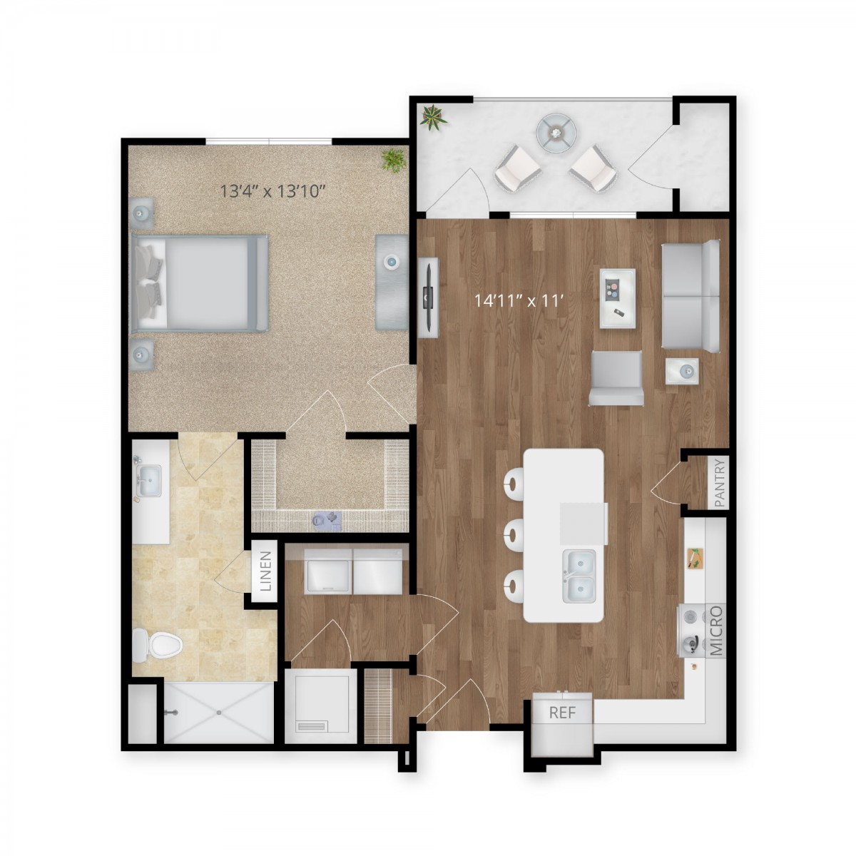 A detailed floor plan of a one-bedroom apartment featuring a kitchen, living room, and bathroom.