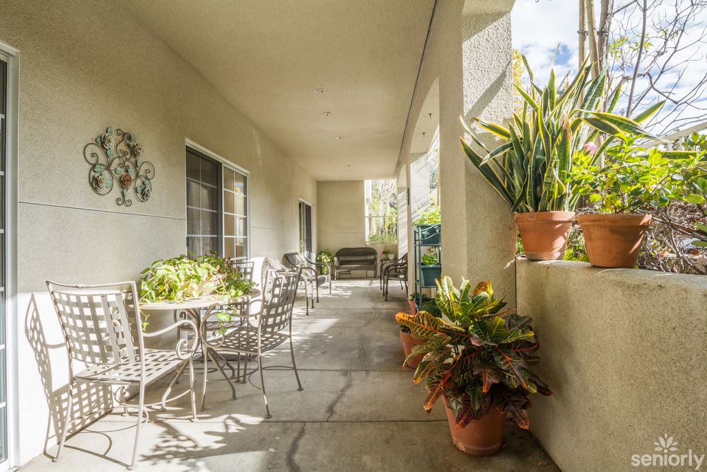 A sunlit patio features outdoor seating and various potted plants creating a serene ambiance.