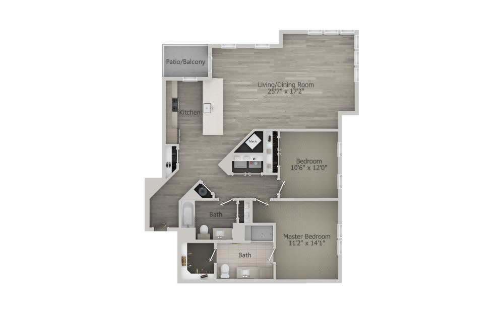 A floor plan of a two-bedroom apartment featuring a living room, kitchen, and bathroom.