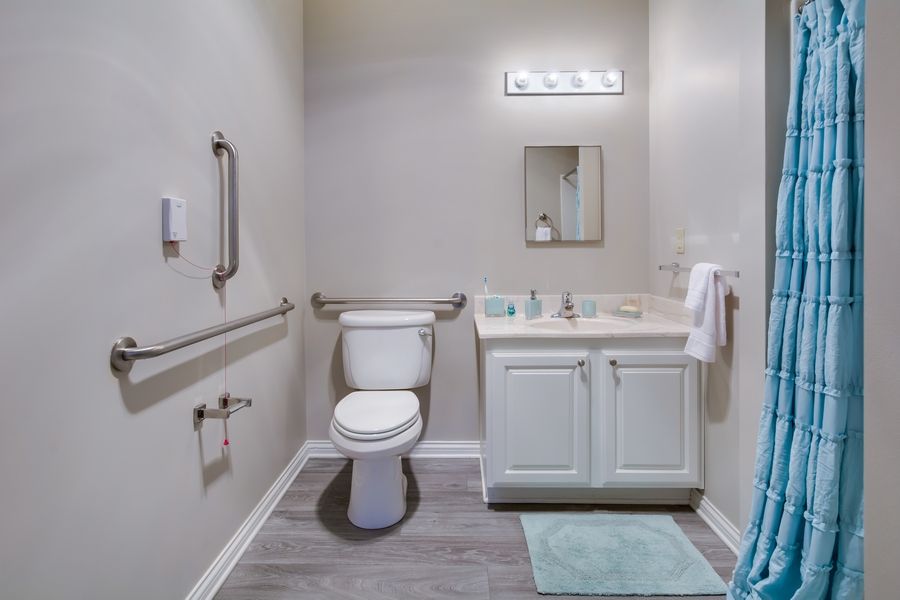 A clean and accessible bathroom with safety grab bars and a white vanity.