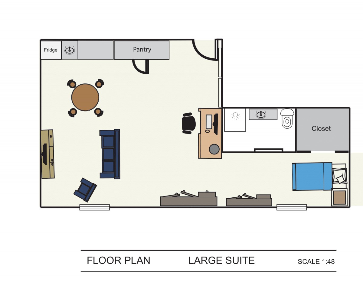 Floor plan of a large suite showcasing the layout of rooms and furniture.