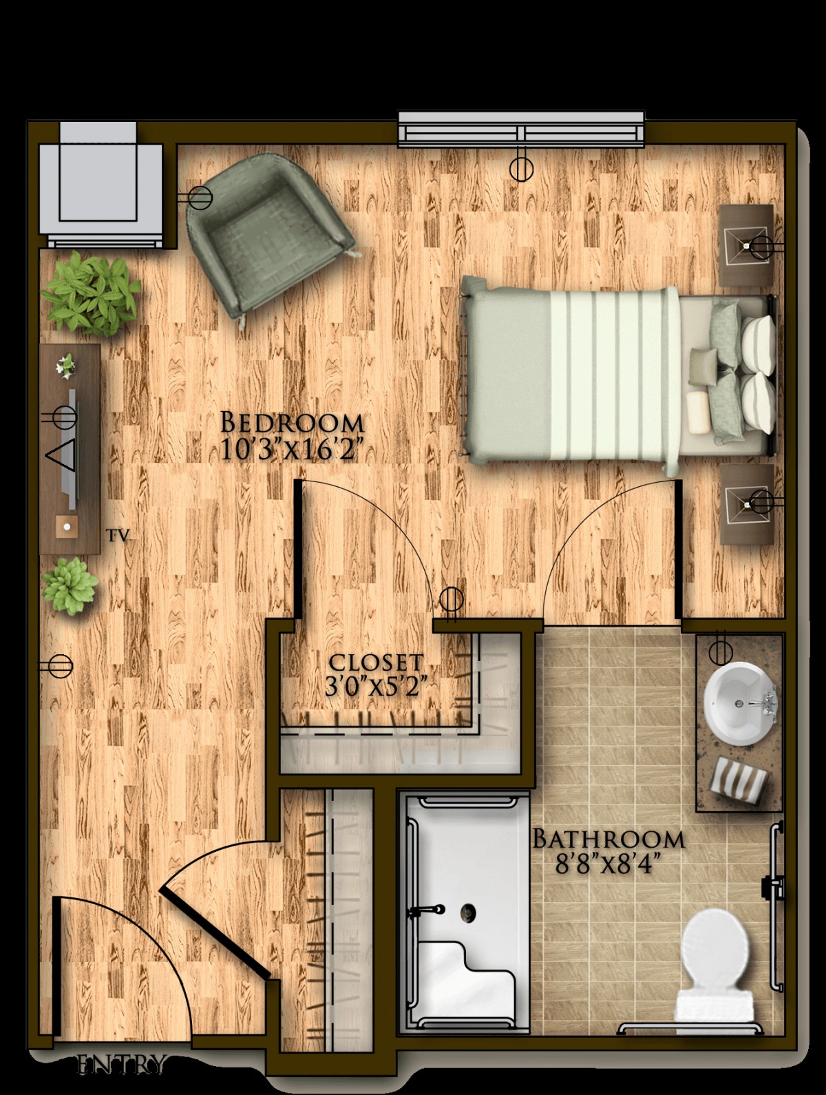A detailed floor plan of a small apartment featuring a bedroom, bathroom, and living space.