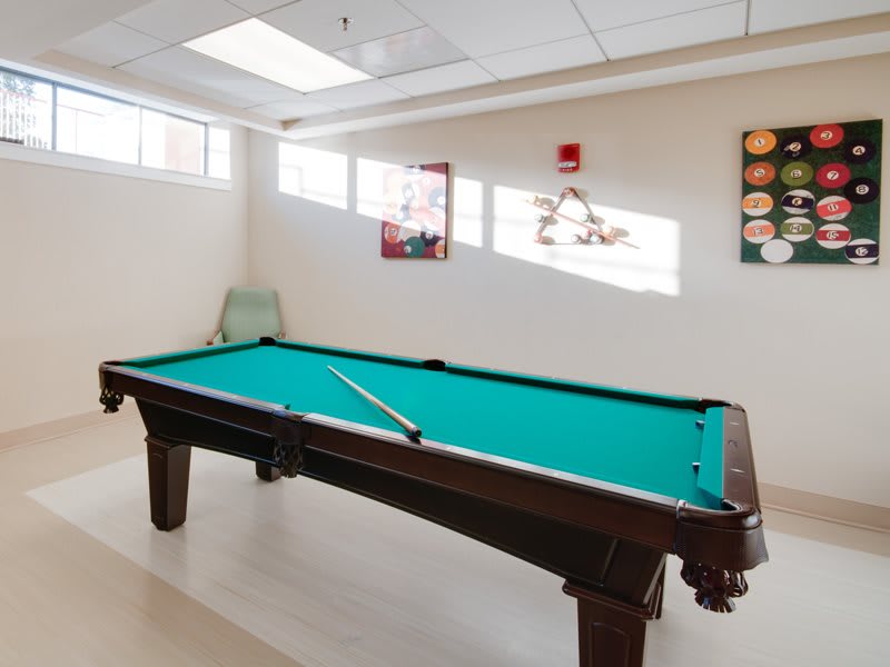 A sunlit game room featuring a pool table with a cue stick resting on it.