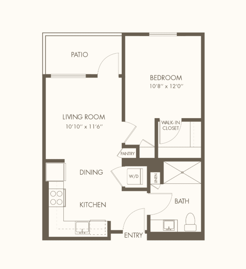 A floor plan of a one-bedroom apartment featuring a living room, kitchen, bathroom, and patio.